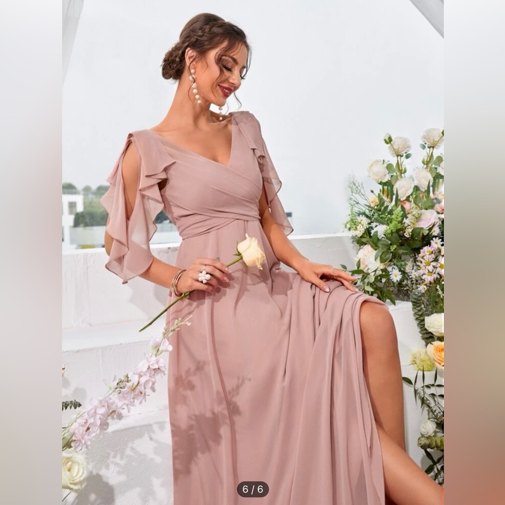Ruffle Trim Cold Shoulder Tie Back Chiffon Maxi Bridesmaid Dusty Pink Dress